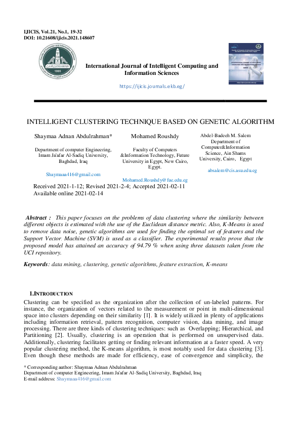 (PDF) Intelligent Clustering Technique Based on Genetic Algorithm