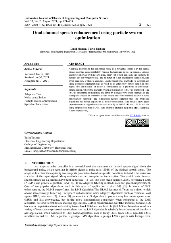(PDF) Dual channel speech enhancement using particle swarm optimization