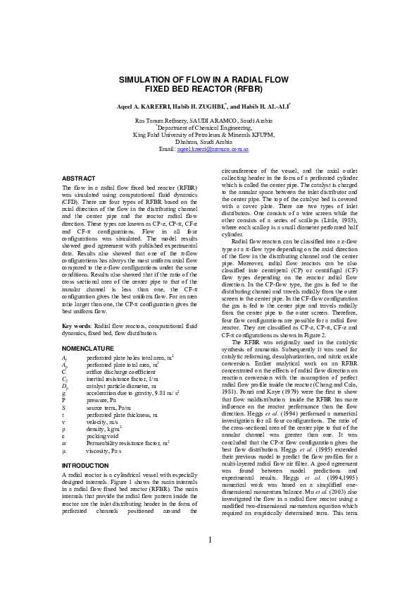 (PDF) 1 Simulation of Flow in a Radial Flow Fixed Bed Reactor ( RFBR )