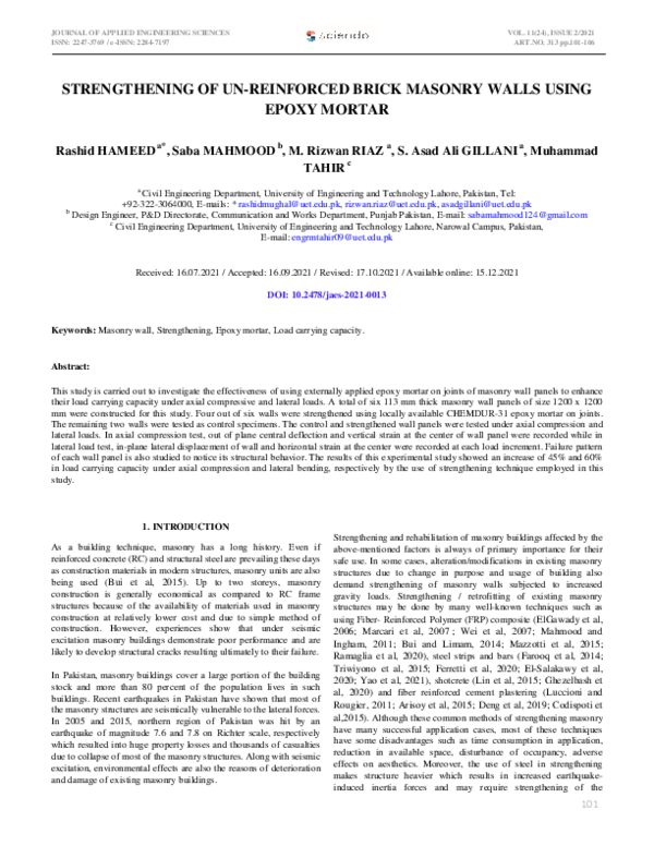 (PDF) Strengthening of Un-Reinforced Brick Masonry Walls Using Epoxy Mortar