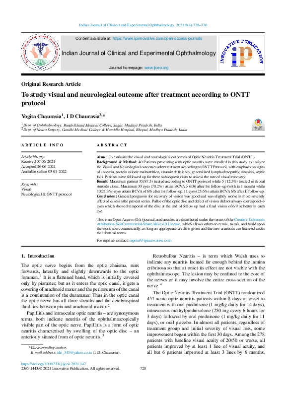 (PDF) To study visual and neurological outcome after treatment ...