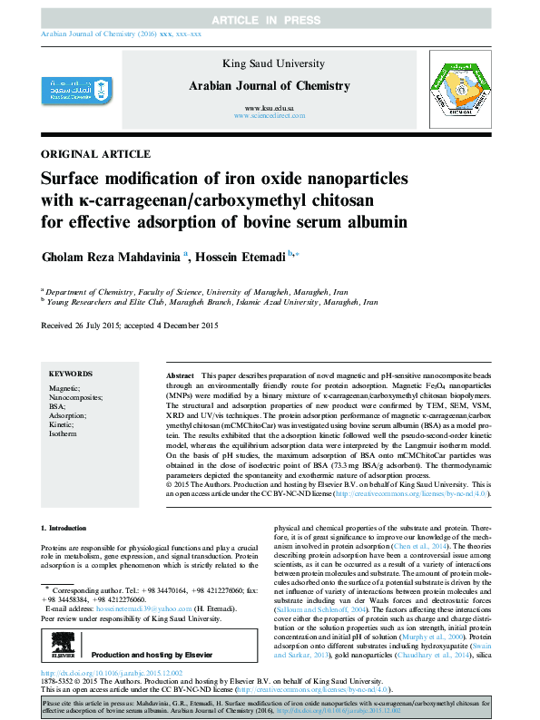 (PDF) Surface modification of iron oxide nanoparticles by biocompatible ...