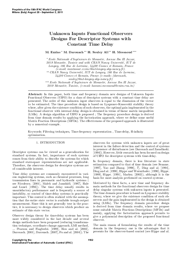 (PDF) Unknown inputs functional observers designs for delay descriptor ...