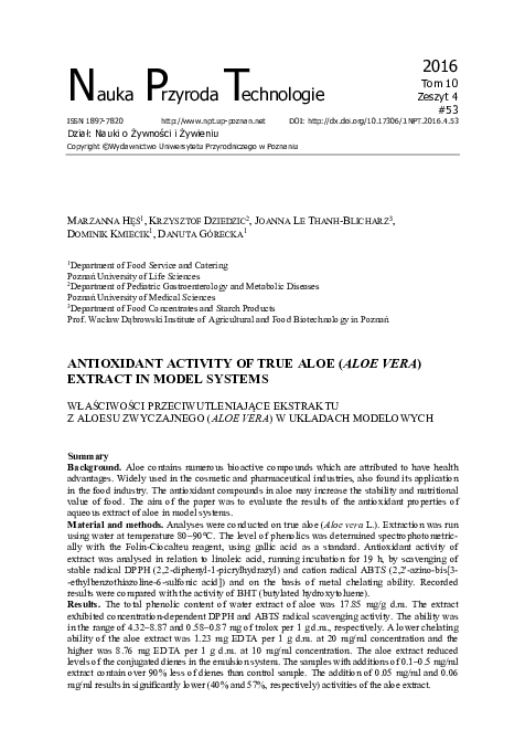 (PDF) Antioxidant activity of true aloe (Aloe vera) extract in model ...