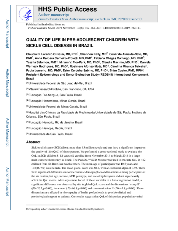 (PDF) Quality of life in pre-adolescent children with sickle cell ...