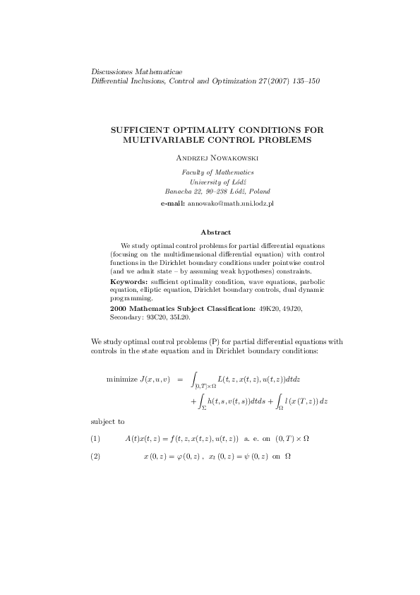 (PDF) Sufficient optimality conditions for multivariable control problems