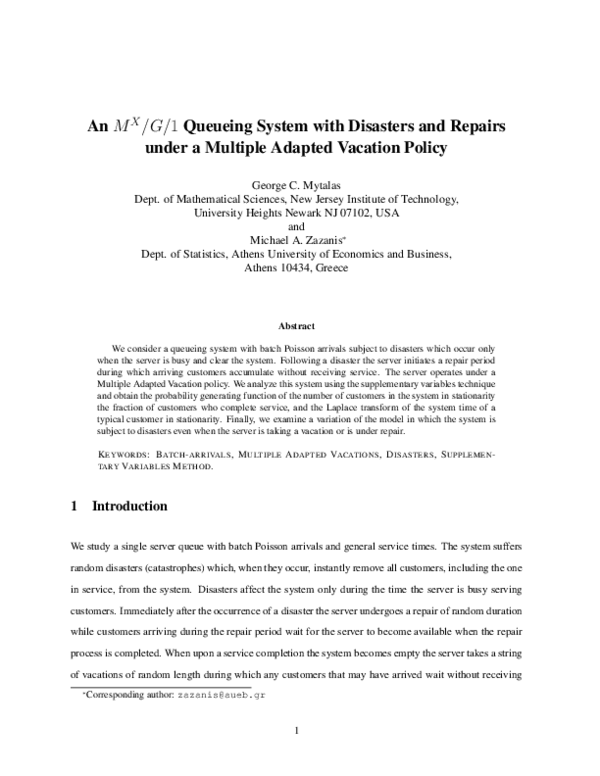 (PDF) An M X / G /1 queueing system with disasters and repairs under a ...