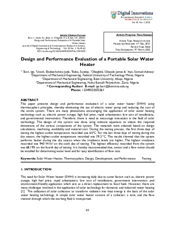 (PDF) Design and Performance Evaluation of a Portable Solar Water Heater