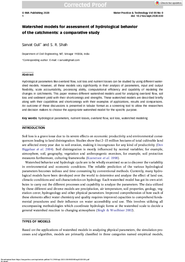 (PDF) Watershed models for assessment of hydrological behavior of the ...