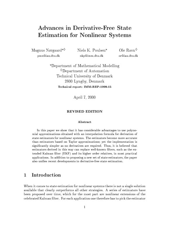 (PDF) Advances in Derivative-Free State Estimation for Nonlinear Systems