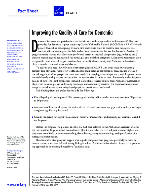 (PDF) Improving the Quality of Care for Dementia