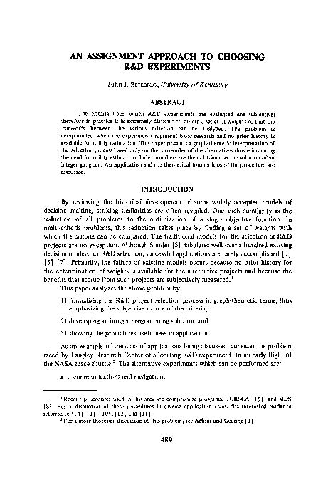 (PDF) An Assignment Approach to Choosing R&D Experiments