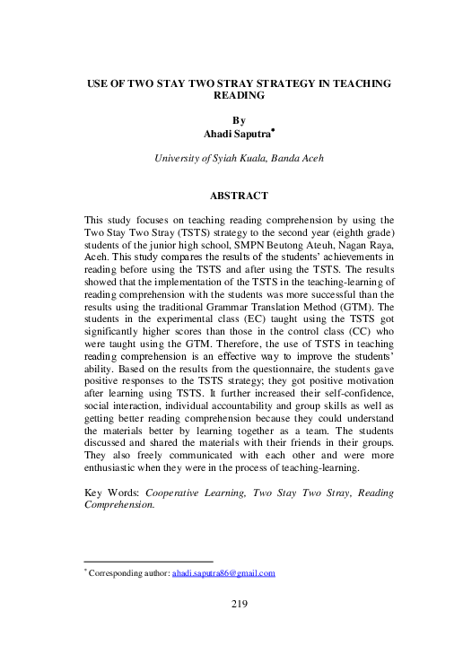 (PDF) The Use of Two Stay Two Stray Strategy in Teaching Reading ...