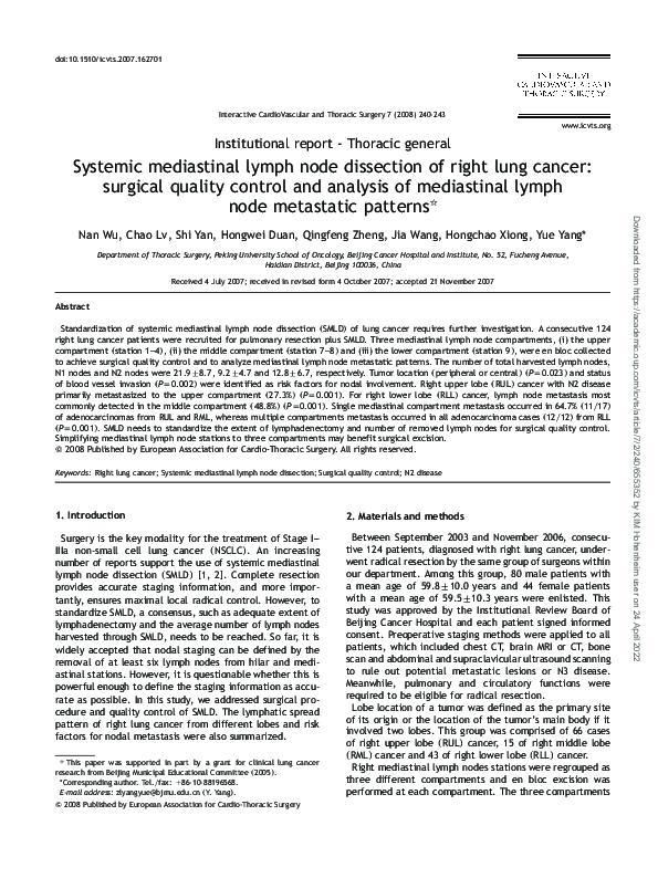 (PDF) Systemic mediastinal lymph node dissection of right lung cancer ...