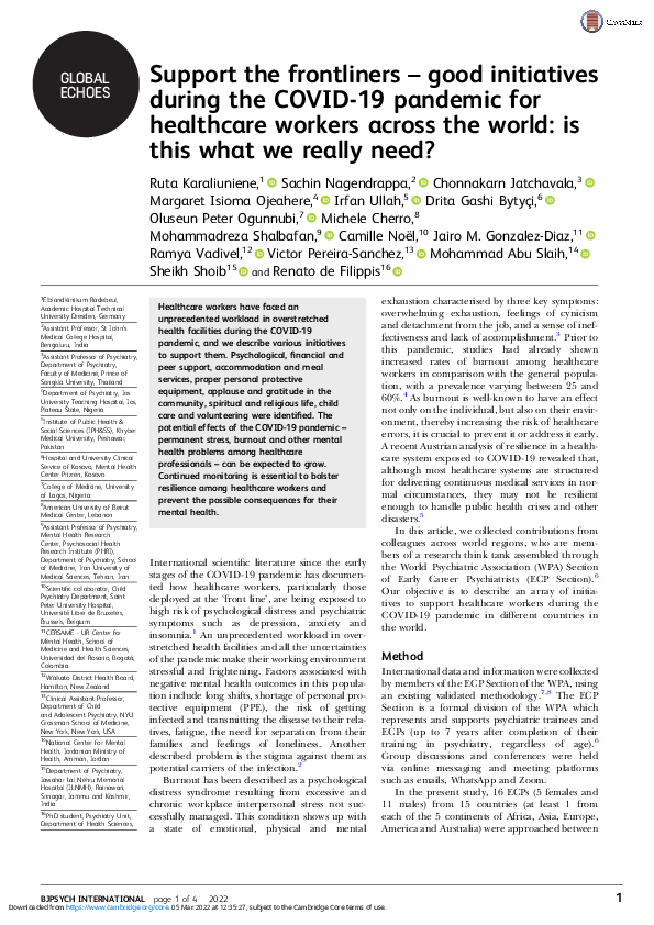 (PDF) Support the frontliners – good initiatives during the COVID-19 ...