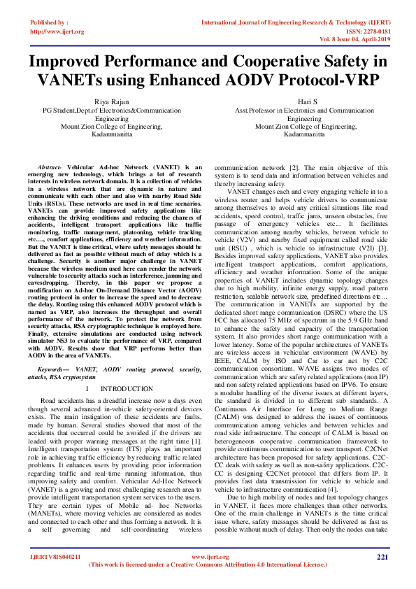 (PDF) Improved Performance and Cooperative Safety inVANETs using ...