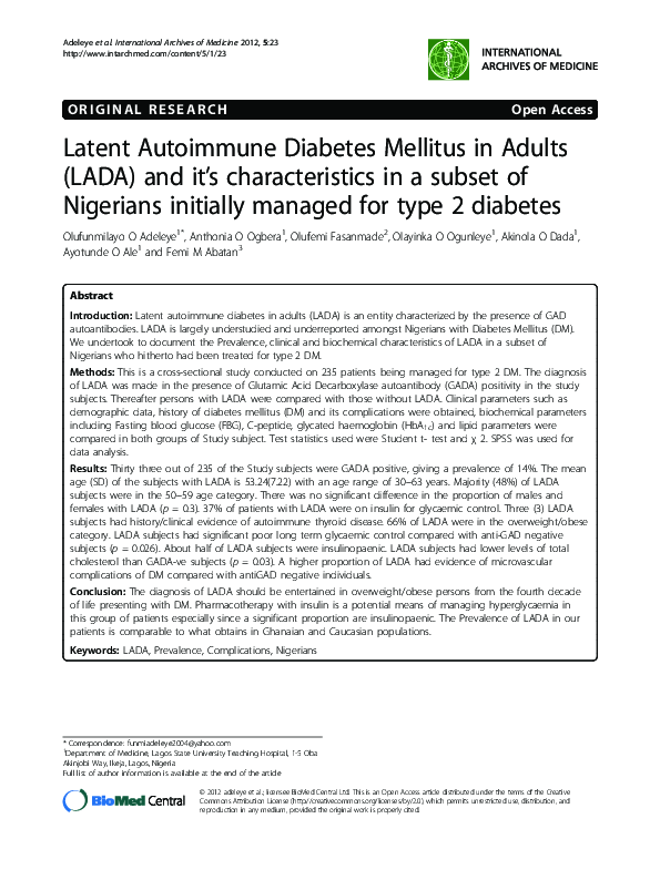 (PDF) Latent Autoimmune Diabetes Mellitus in Adults (LADA): the Role of ...