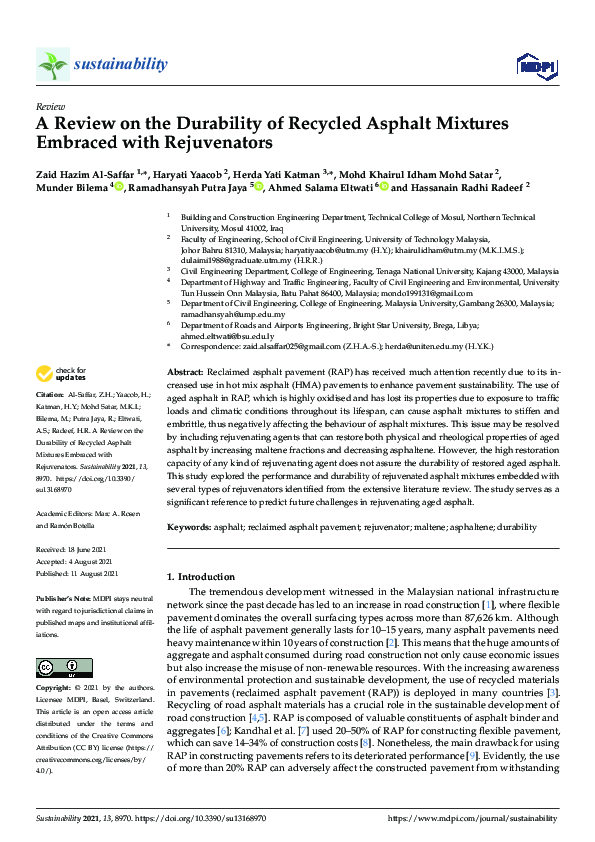 (PDF) A Review on the Durability of Recycled Asphalt Mixtures Embraced ...