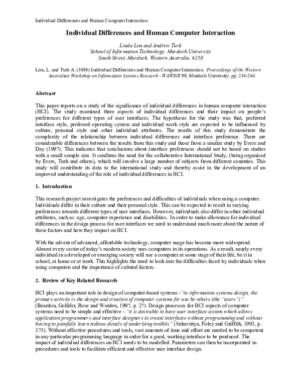 (PDF) Individual Differences and Human Computer Interaction