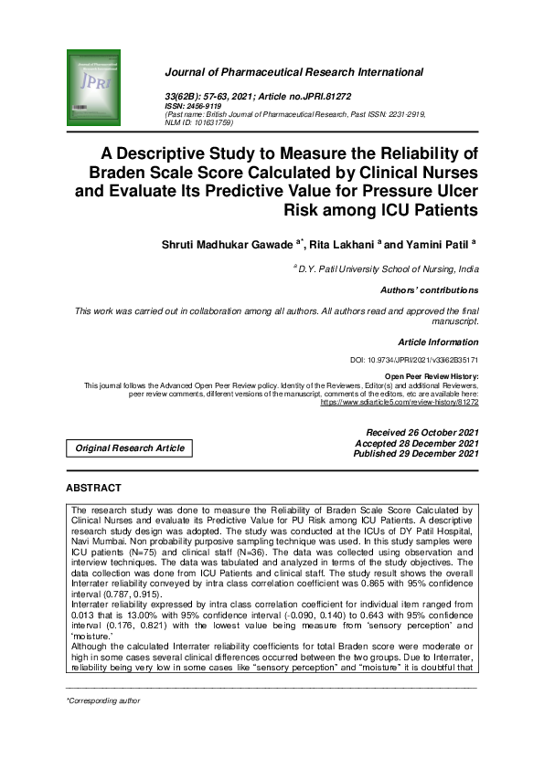 (PDF) A Descriptive Study to Measure the Reliability of Braden Scale Score Calculated by
