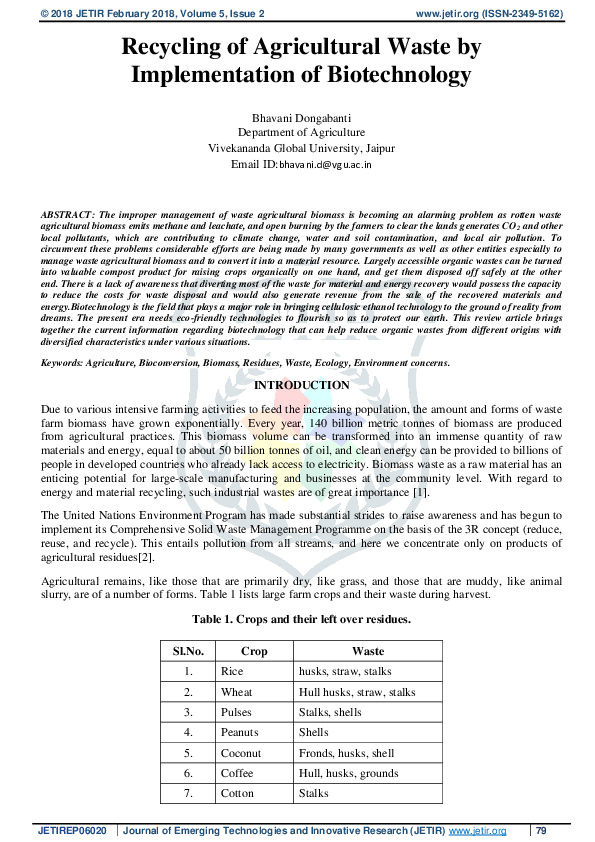 (PDF) Recycling of Agricultural Waste by Implementation of Biotechnology