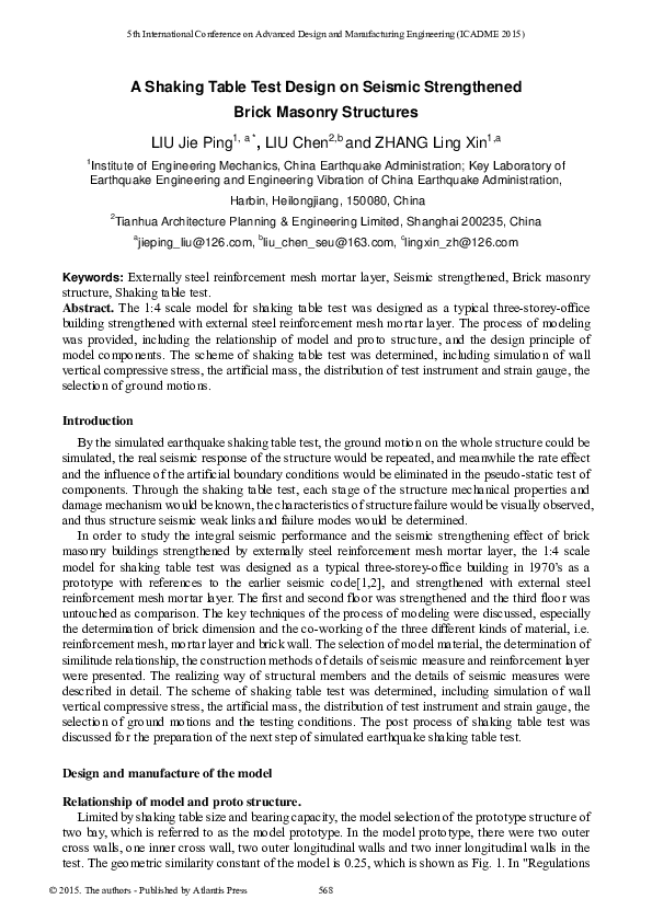 (PDF) A Shaking Table Test Design on Seismic Strengthened Brick Masonry ...