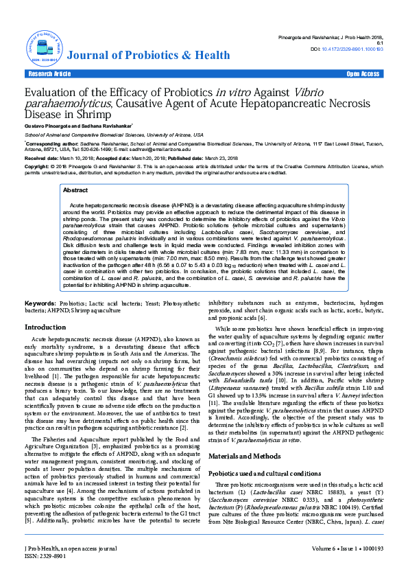 (PDF) Evaluation of the Efficacy of Probiotics in vitro Against Vibrio ...