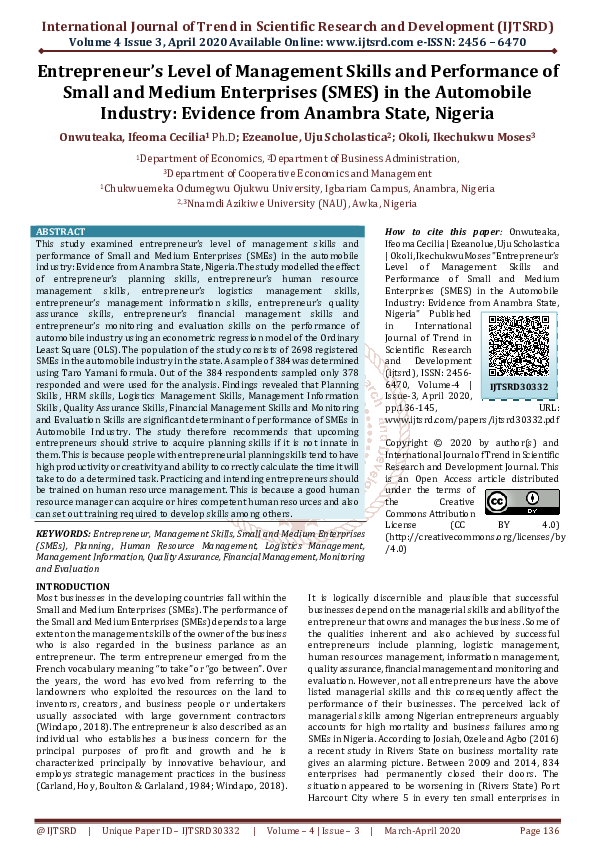 (PDF) Entrepreneur's Level of Management Skills and Performance of ...