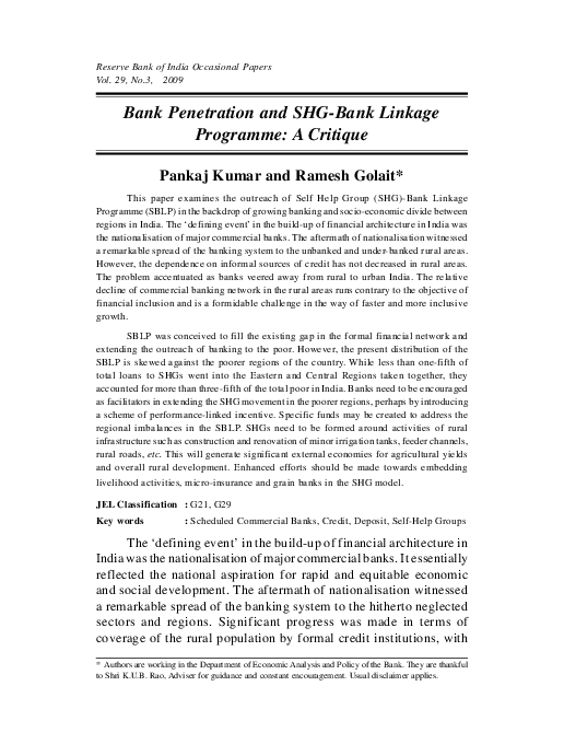 (PDF) Bank Penetration and SHG-Bank Linkage Programme: A Critique