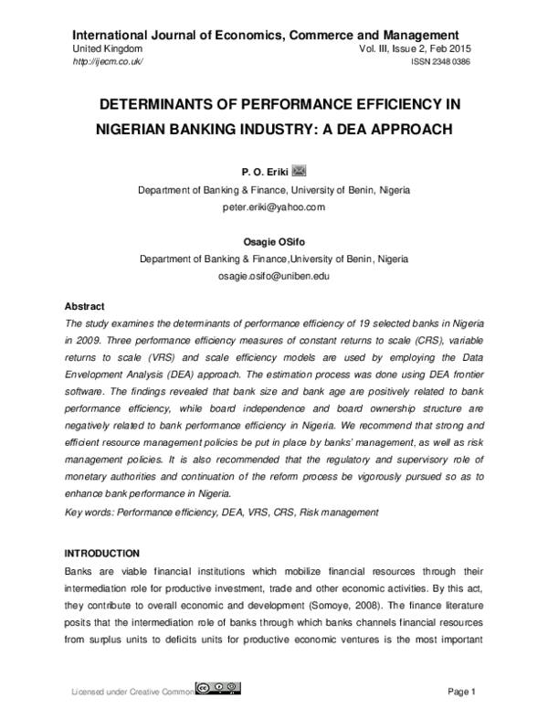 (PDF) Determinants of Performance Efficiency in Nigerian Banking ...