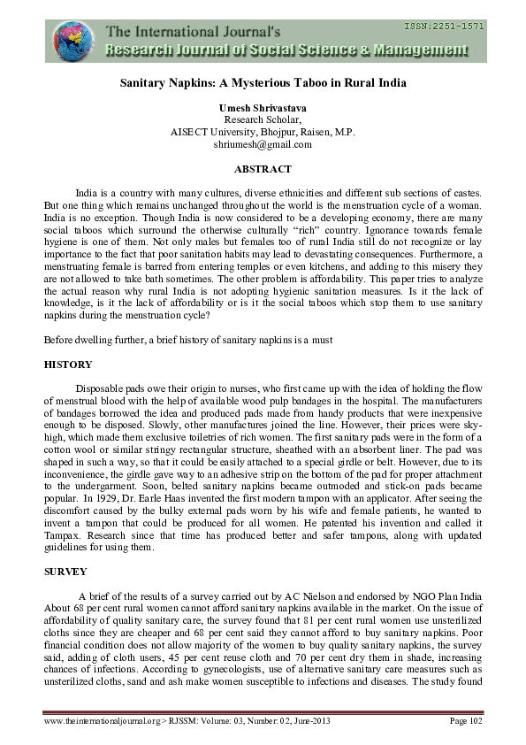 (PDF) Sanitary Napkins A Mysterious Taboo in Rural India Umesh