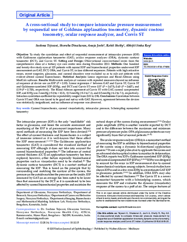(PDF) A cross-sectional study to compare intraocular pressure ...