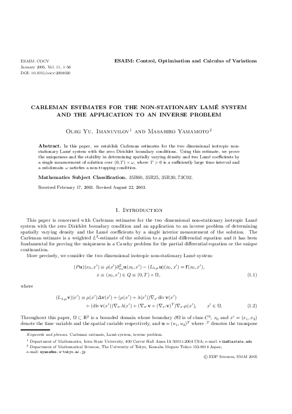 (PDF) Carleman estimates for the non-stationary Lamé system and the ...