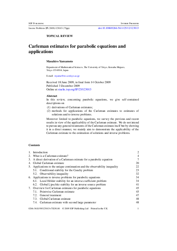 (PDF) Carleman estimates for parabolic equations and applications