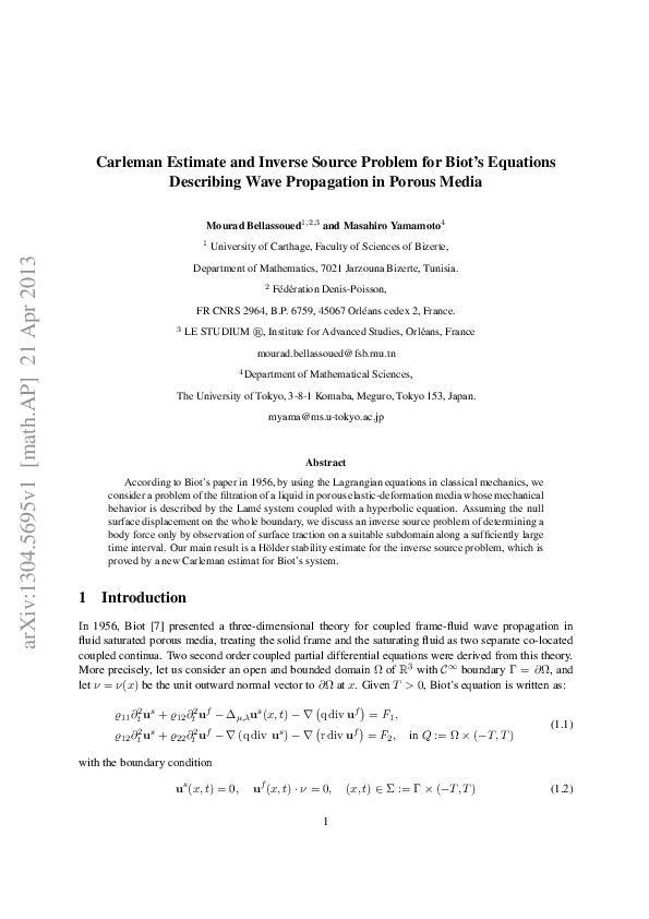 (PDF) Carleman estimate and inverse source problem for Biot’s equations ...