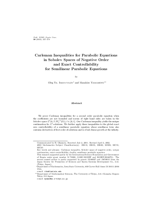 (PDF) Carleman inequalities for parabolic equations in Sobolev spaces ...