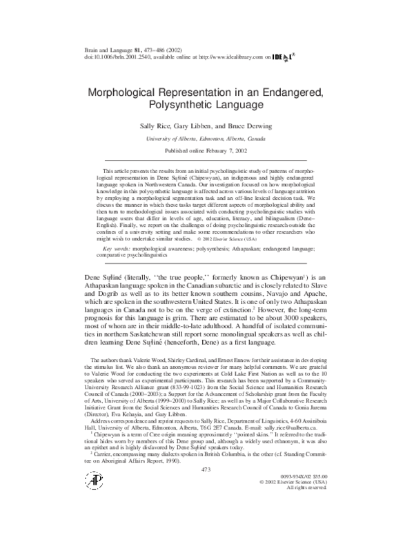 (PDF) Morphological Representation in an Endangered, Polysynthetic Language