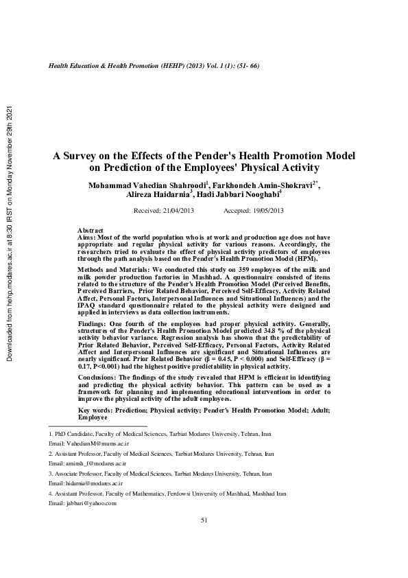 (PDF) A survey on the effects of the pender's health promotion model on ...