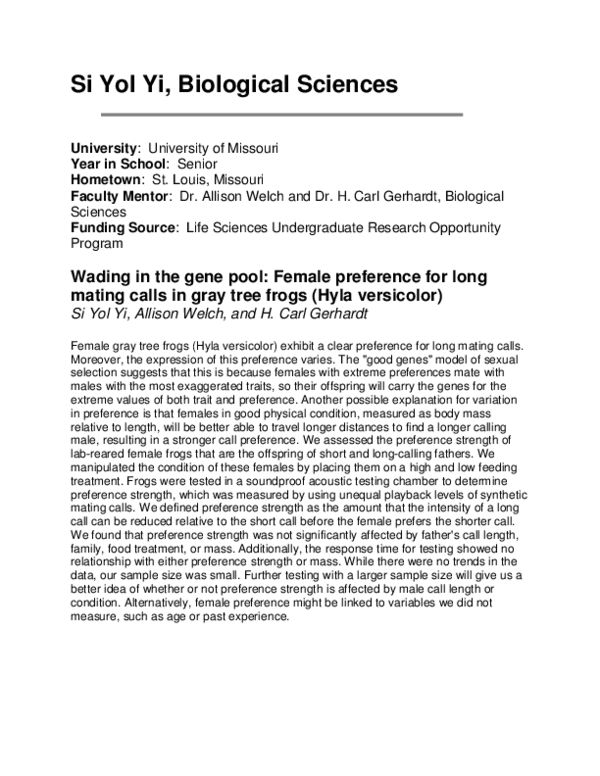 Wading in the gene pool: Female preference for long mating calls in gray tree frogs (Hyla versicolor)