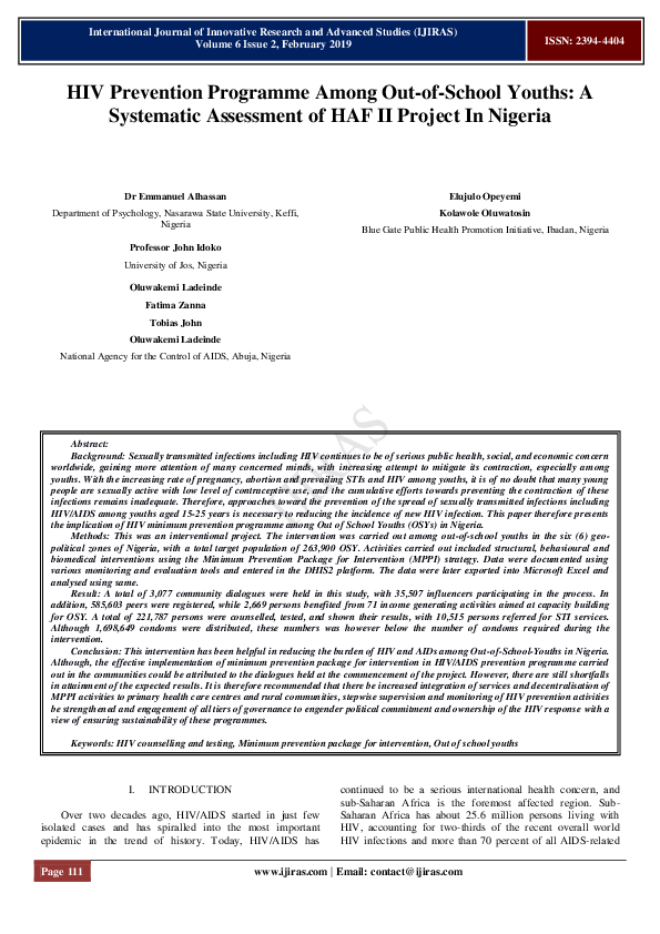(PDF) HIV Prevention Programme Among Out-of-School Youths: A Systematic ...