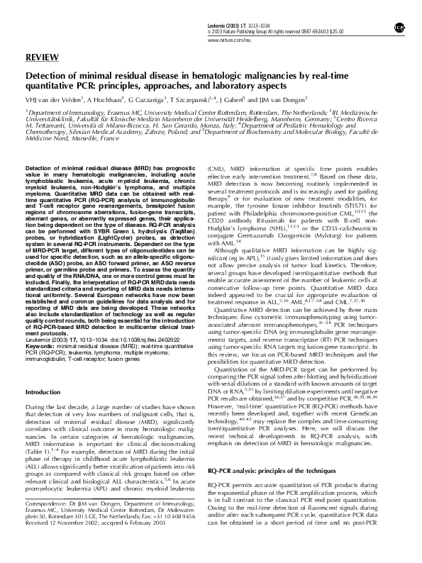 (PDF) Detection of Minimal Residual Disease in Hematopoietic Tissues
