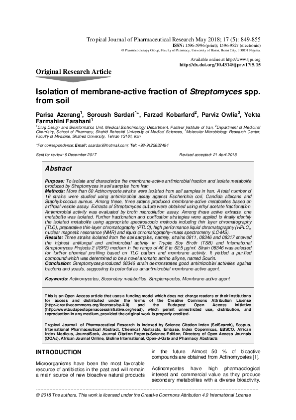 (PDF) Isolation of membrane-active fraction of Streptomyces spp. from ...