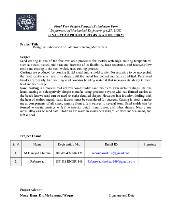 (DOC) Final Year Project Synopsis Submission Form | Rab Nawaz KhoKhar ...