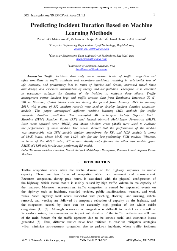 (PDF) Predicting Incident Duration Based on Machine Learning Methods