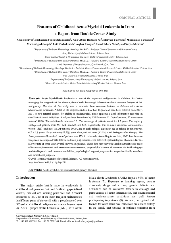 (PDF) Features of Childhood Acute Myeloid Leukemia in Iran: a Report ...