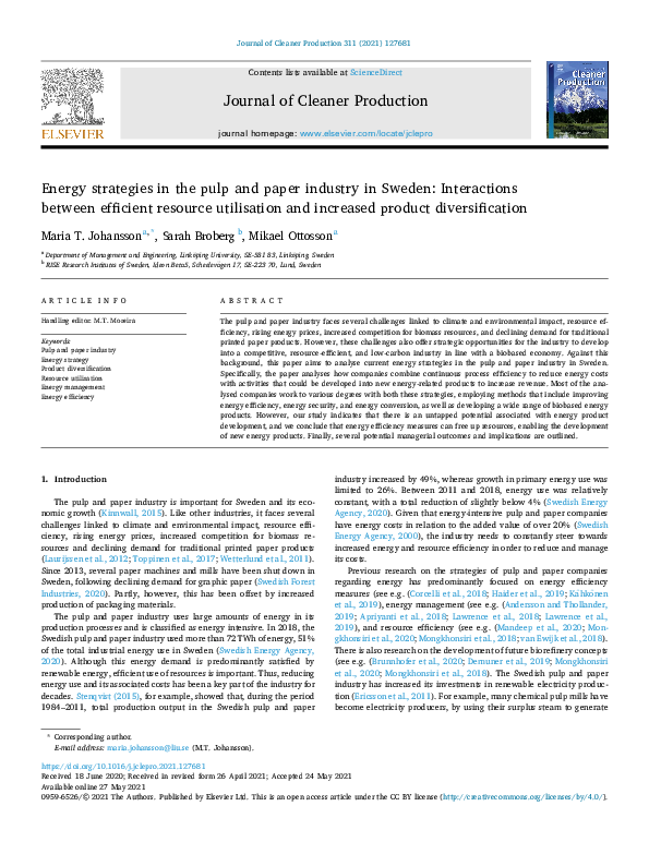 (PDF) Energy strategies in the pulp and paper industry in Sweden ...