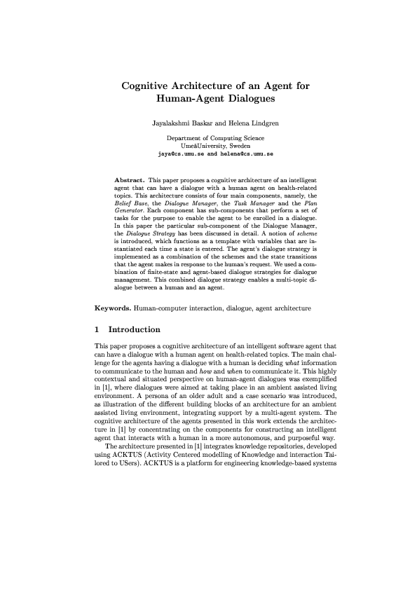 (PDF) Cognitive Architecture of an Agent for Human-Agent Dialogues