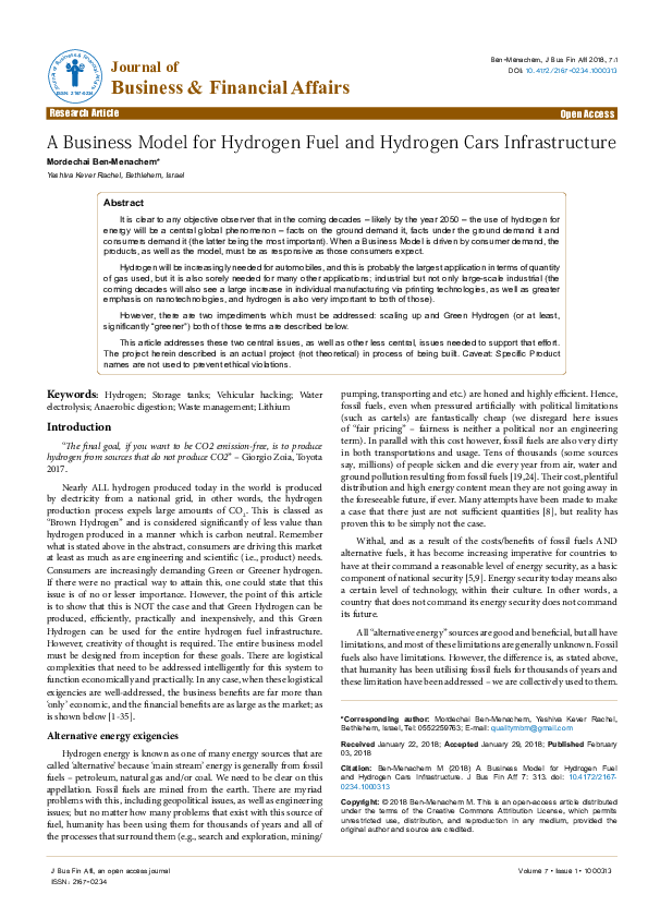(PDF) A Business Model for Hydrogen Fuel and Hydrogen Cars Infrastructure