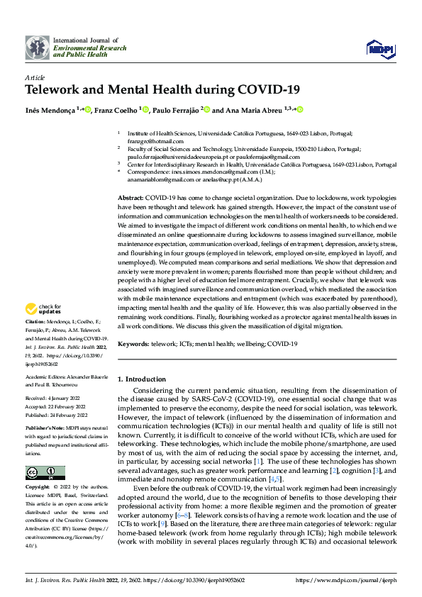 (PDF) Telework and Mental Health during COVID-19