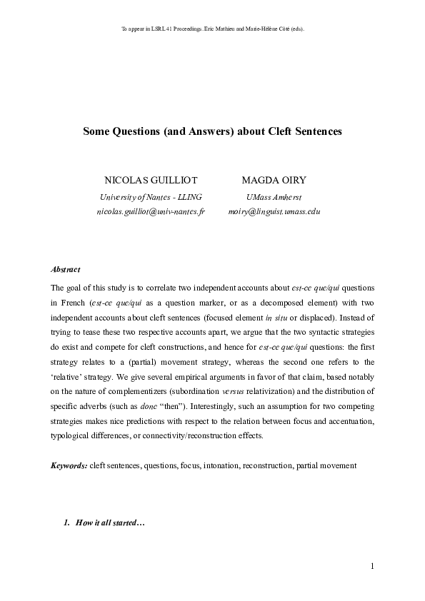 (PDF) Some Questions (and Answers) about Cleft Sentences